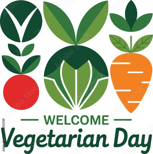 Modern geometric illustration celebrating vegetarian day with fresh vegetables and bold colors