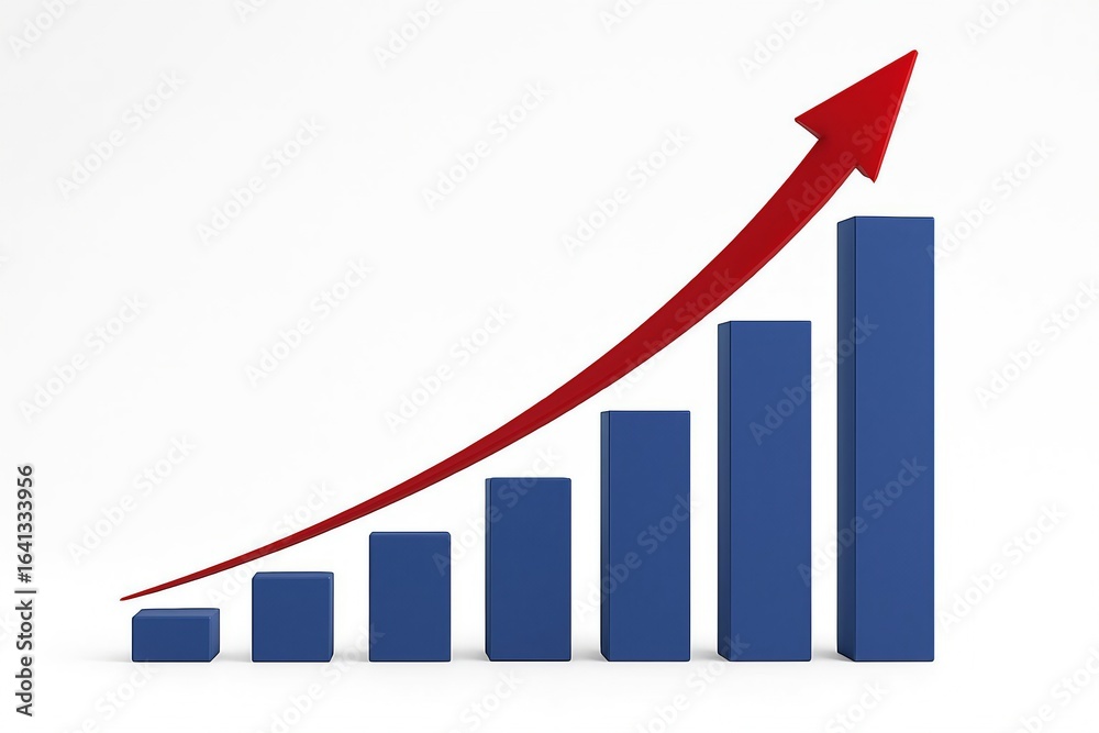 Upward trending bar graph with red arrow indicating growth and success Upward trending bar graph with red arrow indicating growth and success