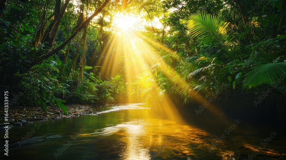 Obraz premium Sunlight streams through lush foliage in a vibrant jungle oasis creating a serene and inviting atmosphere