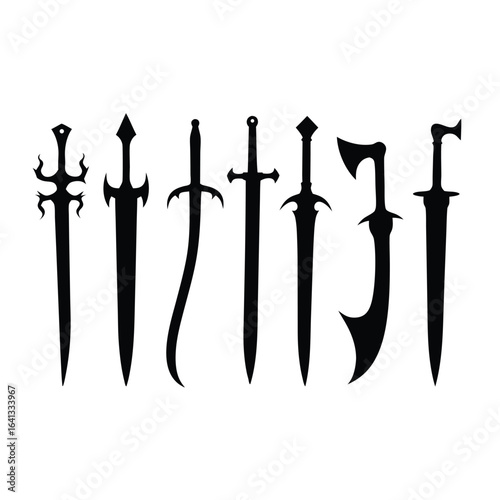 Collection of Seven Black Sword Silhouettes on White Background 8