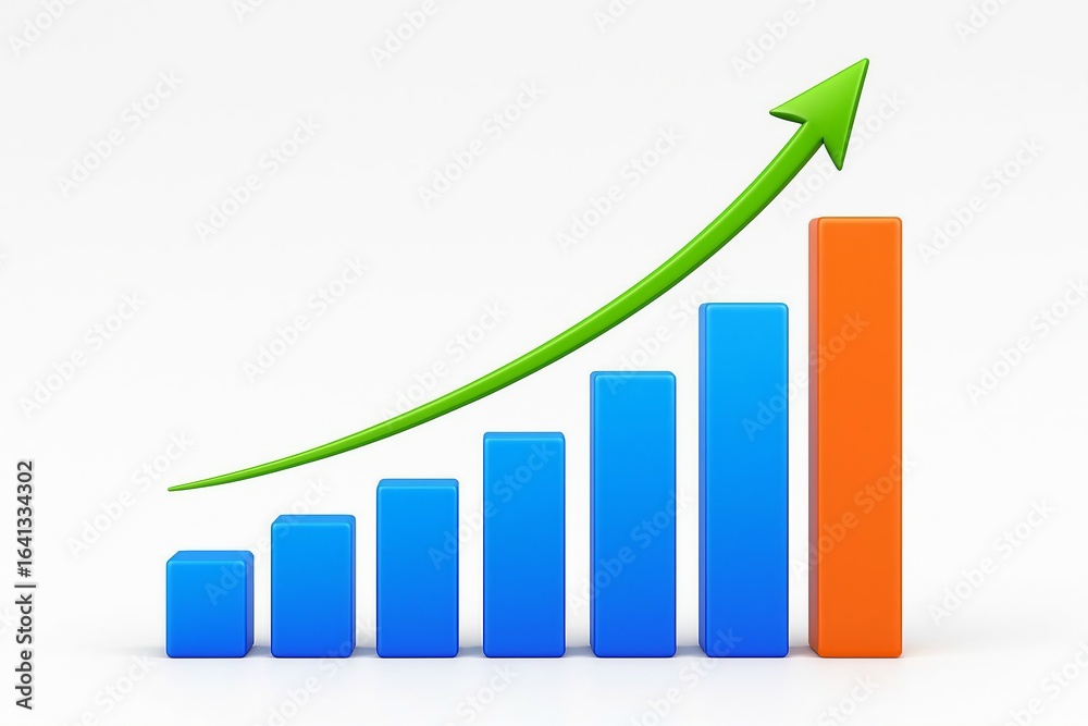 3d bar chart with upward trending green arrow showing growth 3d bar chart with upward trending green arrow showing growth