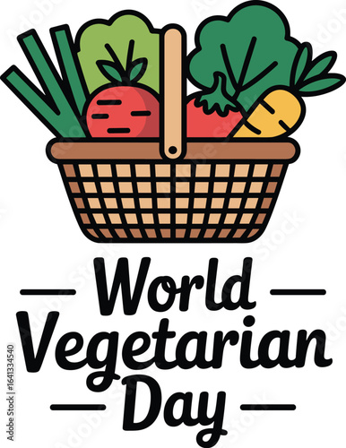 Colorful illustration celebrating world vegetarian day featuring a basket of fresh vegetables