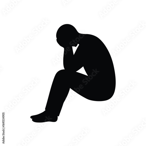 Silhouette of a person sitting with head in hands, isolated on white background, conveying sadness and despair
