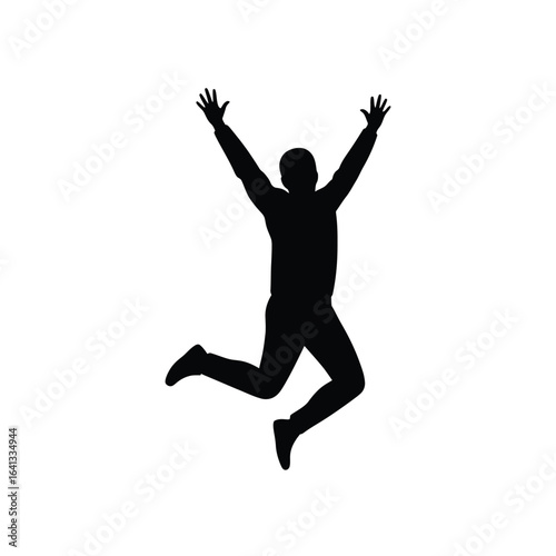 Silhouette of a man jumping in celebration with arms raised, isolated on white background