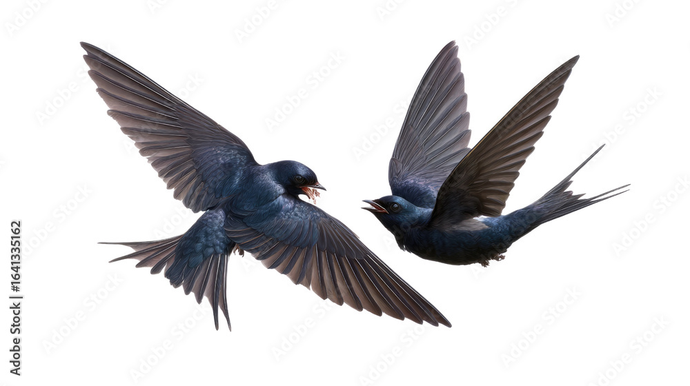 Fototapeta premium Dynamic Duo of the Skies: Witness the elegance of swallows, with outstretched wings, in a vibrant aerial display, capturing the essence of flight and freedom.