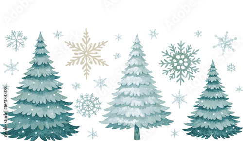 Three watercolor christmas trees with scattered snowflakes in blue green and beige tones on a white background
