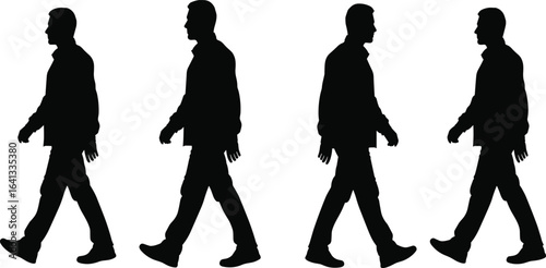 Walking silhouette figures, profile view, minimal design, motion capture, black and white, human movement, urban concept, simple style, repetition