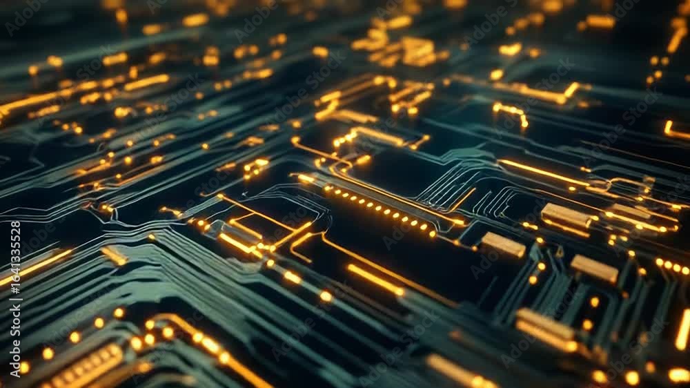 Futuristic circuit board pulsating with golden energy flows Futuristic circuit board pulsating with golden energy flows