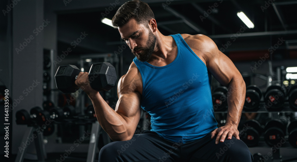 Fototapeta premium Muscular Man Doing Bicep Curls with Dumbbell in Gym - Fitness Motivation
