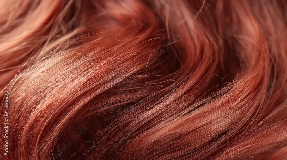 Naklejka premium Closeup of brown red orange wavy natural synthetic hair. Textured background for beauty and fashion or hair care concept.
