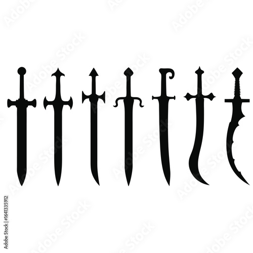 Collection of Seven Black Sword Silhouettes on White Background 18