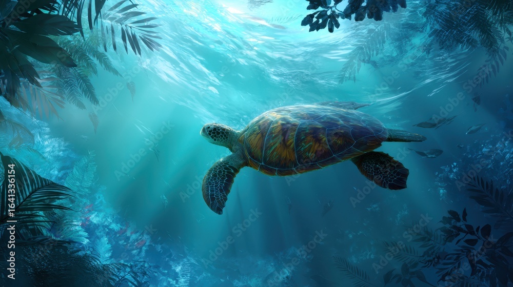 Obraz premium Sea turtle swimming underwater with light rays and tropical plants. Ocean wildlife and nature conservation concept for aquatic environments.