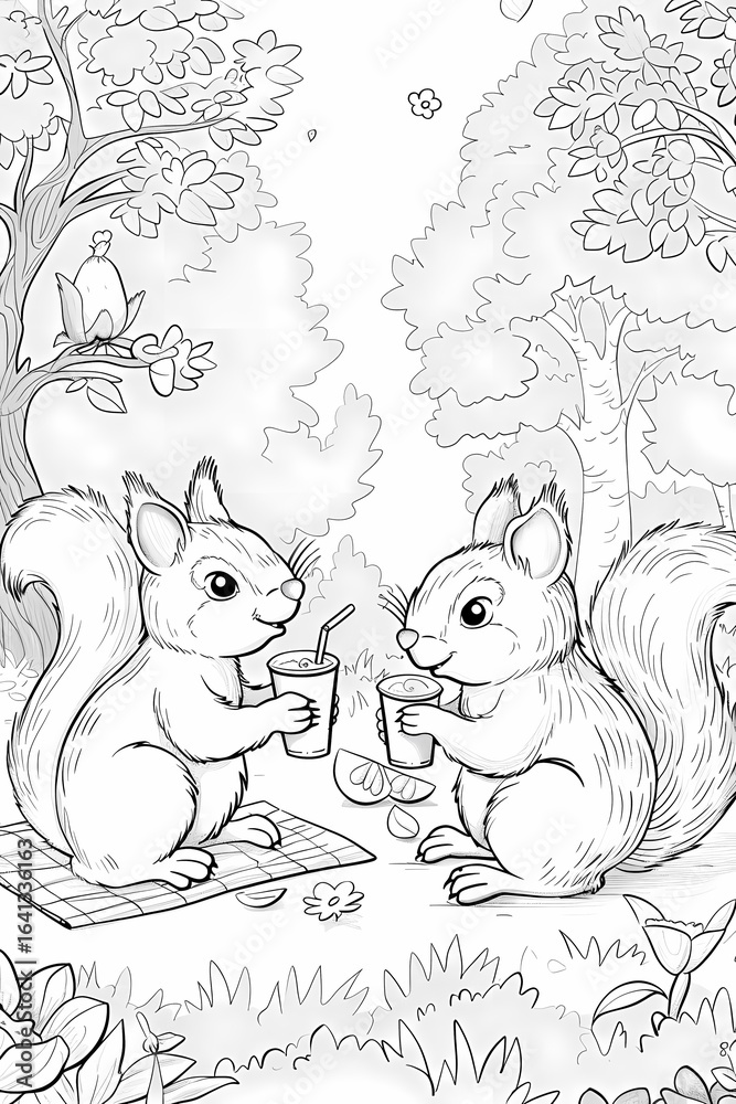 Fototapeta premium Two Squirrels Facing Each Other Holding Nuts Cartoon Line Art Woodland Background