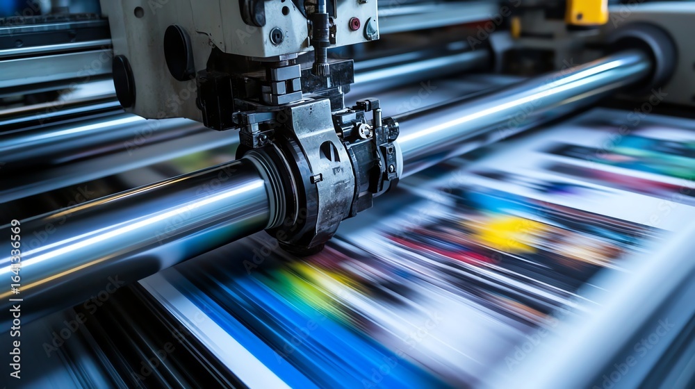 Fototapeta premium An ultra HD action shot of a lamination machine applying a glossy finish to printed materials, showcasing advanced technology in use.