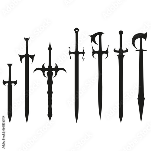 Collection of seven black sword silhouettes on white background