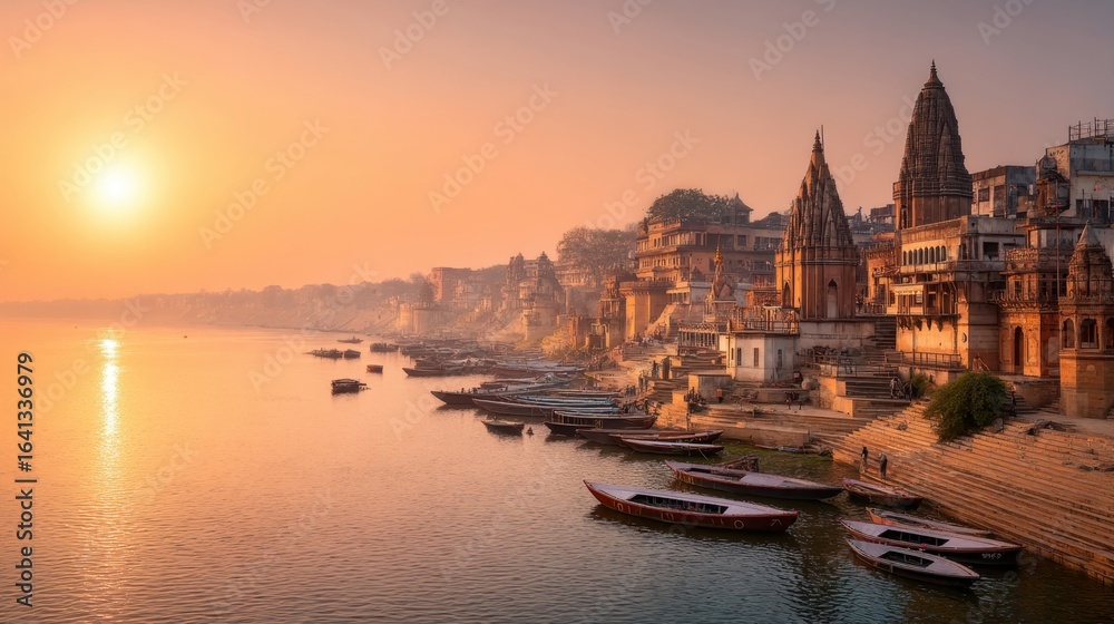 Fototapeta premium Sunrise view of Varanasi ghats along the Ganges river with boats and temples during golden hour, travel to India.