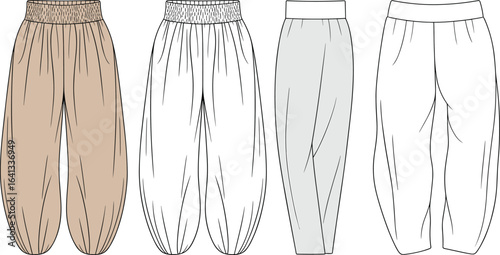 Loose fit casual harem pants fashion flat sketch, front and back view, technical CAD drawing, vector illustration, elastic waistband design