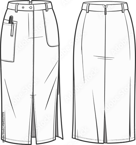 High waist pencil skirt technical flat sketch, front and back view, with slit, belt loops, pocket, zipper, sewing details, fashion design