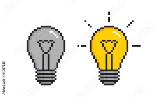 Pixel light bulb. Turned on and off electric pixelated light bulb or lamp. Pixel art concept of idea or brainstorm. Vector.
