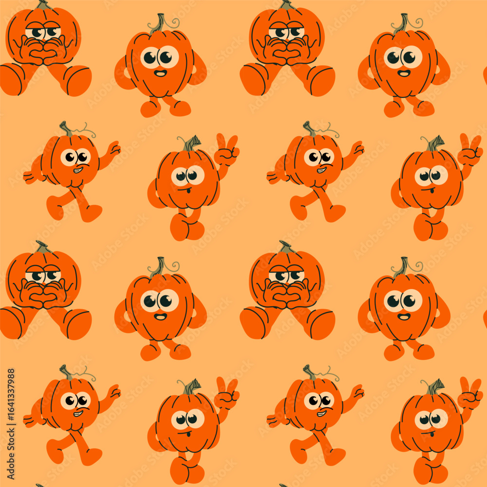 Fototapeta premium Seamless Pattern of Cute Cartoon Pumpkins with Faces and Limbs