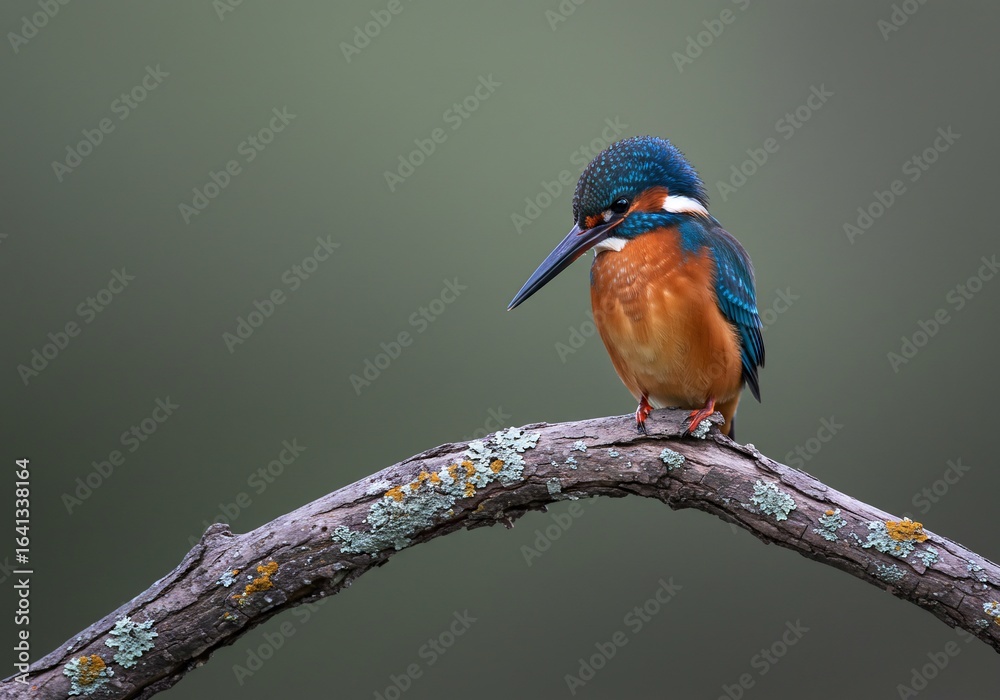 Fototapeta premium Vibrant Kingfisher Perched on Mossy Branch Against Soft Green Background