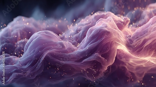 Abstract swirling shapes of lavender and mauve hues, interspersed with golden particles, against a dark background