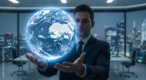 Global Business Man Holding a Digital Earth Hologram in Modern Office