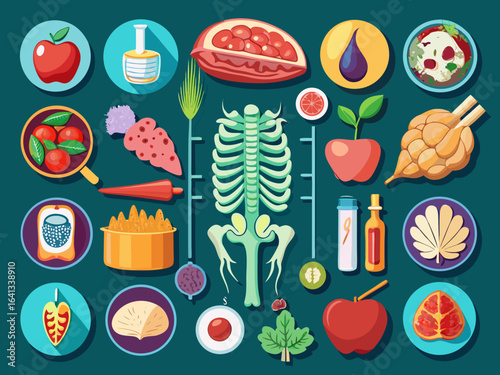 Seamless vector illustration of a cartoon easter pattern with food icons and flowers