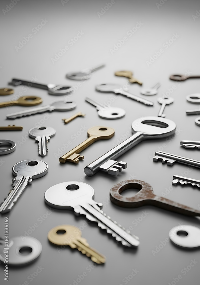Fototapeta premium Collection of assorted keys scattered on a smooth surface showcasing diversity and potential