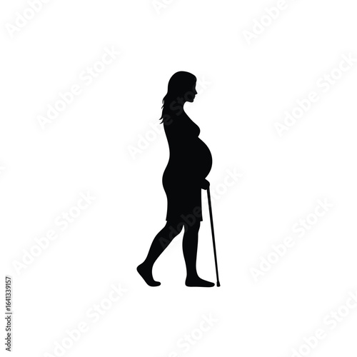 Silhouette of a pregnant woman walking with a cane, symbolizing support and assistance during pregnancy, isolated on white background