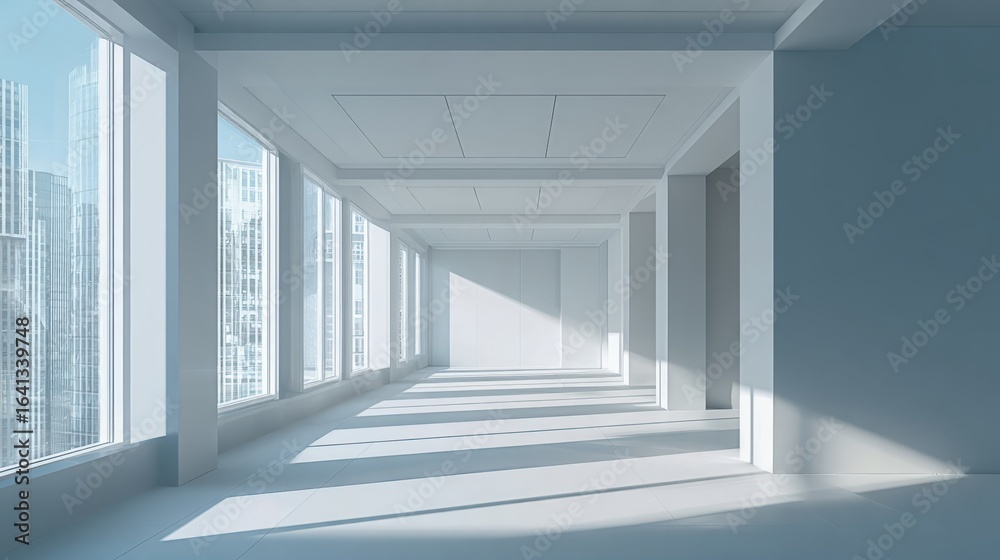 Fototapeta premium Bright Empty Office Space with Large Windows and Natural Light, Modern Architecture Rendering