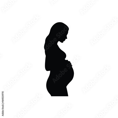 Silhouette of a pregnant woman holding her belly, symbolizing motherhood and the anticipation of new life, isolated on white background