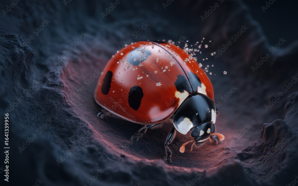 Fototapeta premium Ladybug's Vibrant World: A close-up of a ladybug with red and black markings, elegantly poised, presenting a symphony of color and detail. The ladybug on textured dark surface.