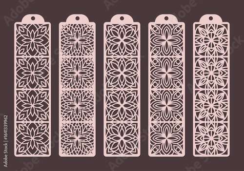 Set of five ornate, lasercut bookmarks with intricate floral patterns, perfect for book lovers and crafters vector