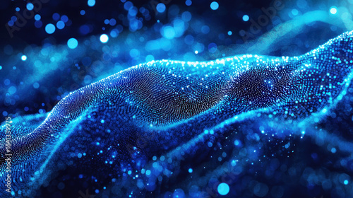 A blue and black abstract wave pattern with glowing blue particles and a dark blue background.