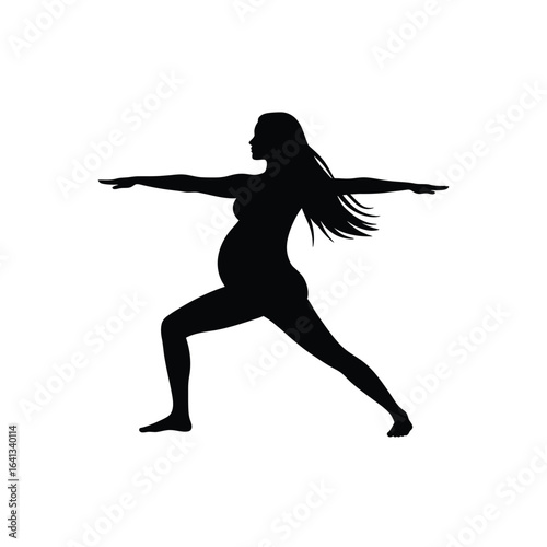 Silhouette of a pregnant woman in a warrior yoga pose, isolated on a white background, representing strength and balance during pregnancy