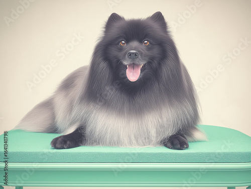 A happy Keeshond posed on a textured mint green background in studio.