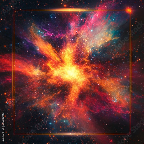 explosive cosmic energy radiant nebula bursts and vivid digital glitches set inside a dramatic interstellar border expansive and captivating