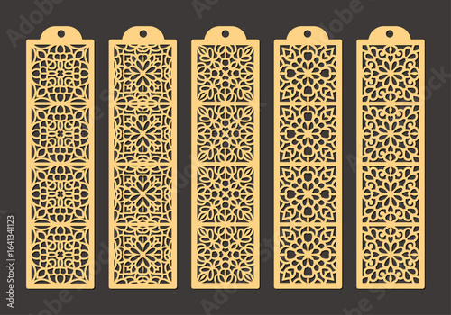 Set of five ornate golden lasercut bookmarks featuring intricate geometric patterns and floral motifs, perfect for adding elegance to reading vector