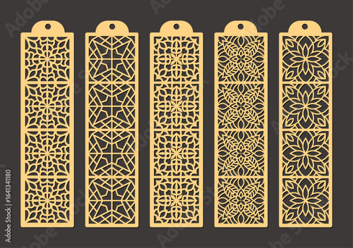 Set of five ornate golden lasercut bookmarks featuring intricate geometric patterns and floral motifs, perfect for book lovers vector