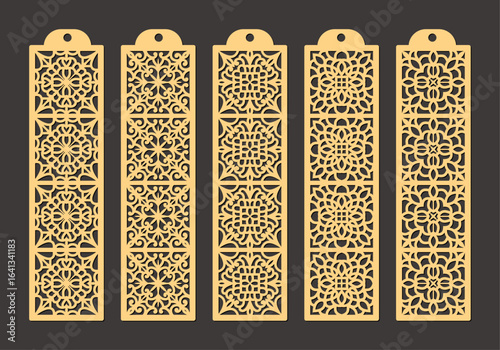 Set of five ornate golden lasercut bookmarks with intricate geometric and floral patterns, perfect for book lovers and crafters vector