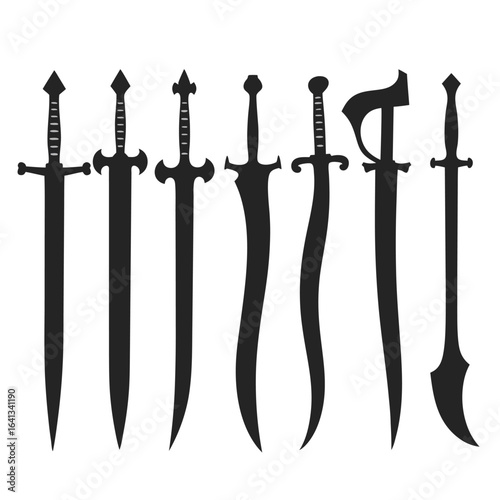 Collection of six diverse sword silhouettes on white background