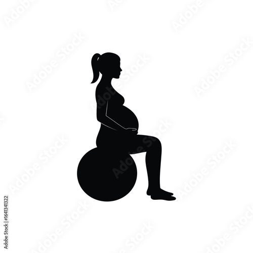 Silhouette of a pregnant woman sitting on an exercise ball, isolated on a white background