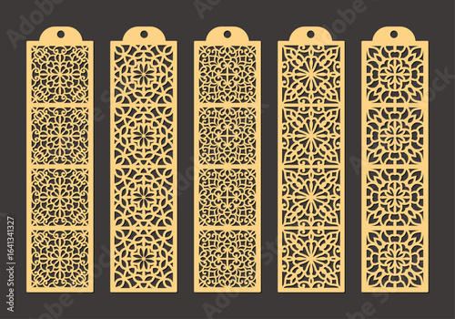 Set of five ornate golden lasercut bookmarks featuring intricate geometric patterns and a hanging hole at the top vector