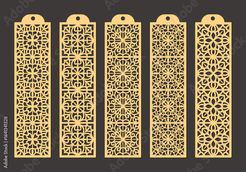 Set of five ornate golden lasercut bookmarks with intricate geometric and floral patterns, perfect for book lovers and crafters vector