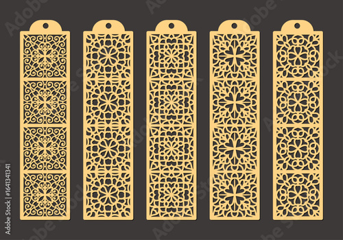 Set of five golden ornamental laser cut bookmarks with intricate geometric patterns and floral motifs, perfect for book lovers vector