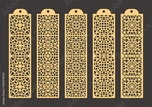 Set of five ornate golden lasercut decorative bookmarks with intricate geometric patterns and a hole at the top for hanging vector