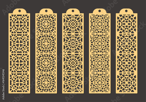 Set of five ornate golden lasercut bookmarks featuring intricate geometric patterns and a hole for hanging, presented against a dark background vector