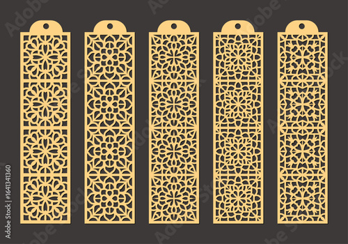 Set of five decorative golden laser cut bookmarks with intricate geometric patterns and a hole at the top for hanging vector