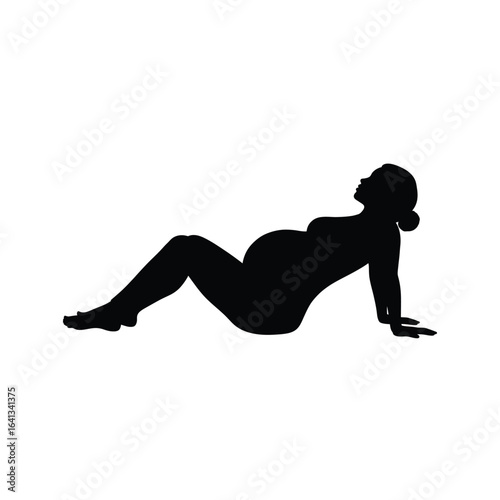 Pregnant woman in a reclining pose silhouette isolated on white background, symbolizing relaxation and anticipation